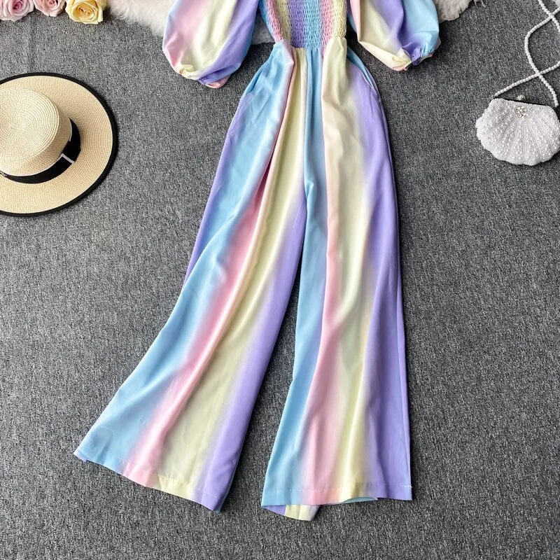 Women Rainbow Gradient Jumpsuit Square Collar High Waist Romper