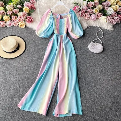 Women Rainbow Gradient Jumpsuit Square Collar High Waist Romper