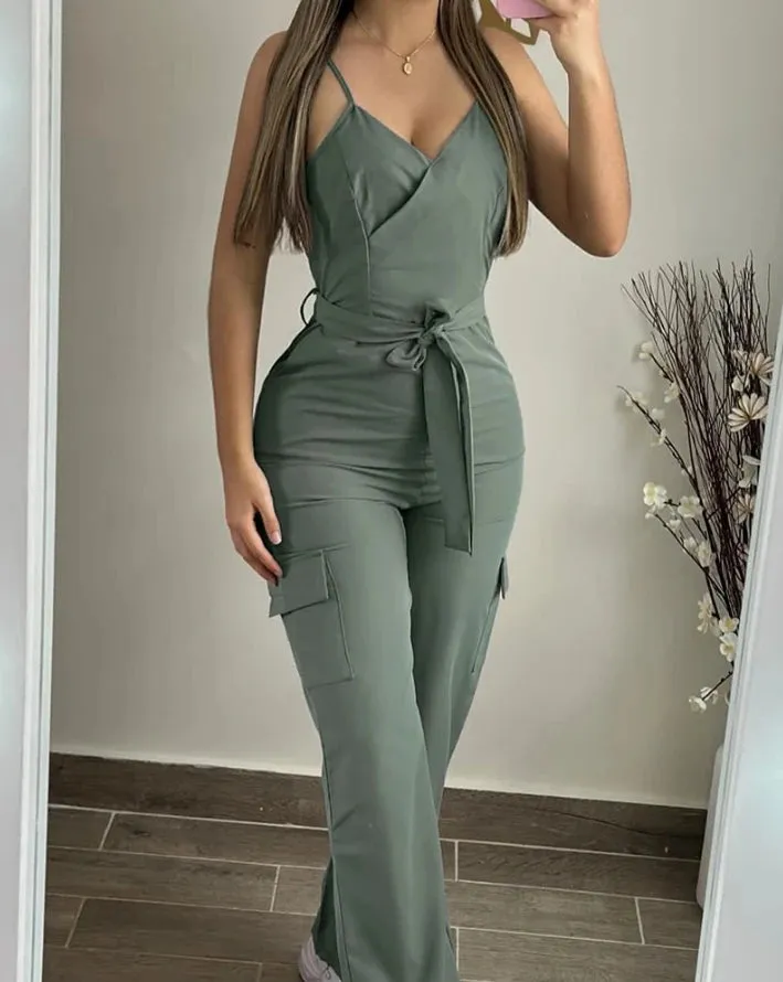Women Style Jumpsuit 2024 Summer Latest Solid Color Sexy V-Neck Pocket Design Tied Detail Spaghetti Strap Daily Romper Bodysuit