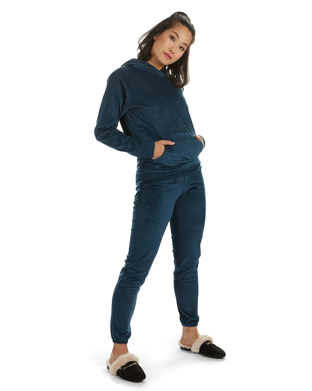 Women's 2 Piece Plush Ribbed Velour Hooded Sweatshirt Set