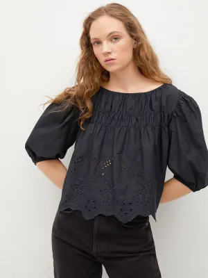 Women's Swiss Embroidery Poplin Blouse,Black