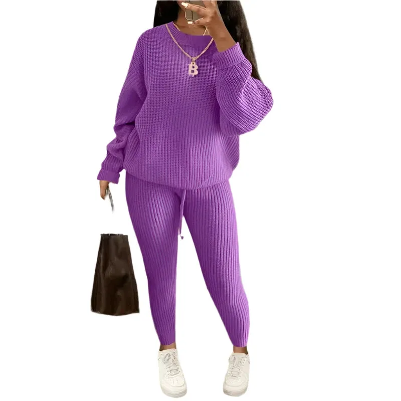 Women's Two-Piece Knit Sweater and Pants Set - Casual Solid Round Neck Pullover, Loose Fit, Autumn/Winter Fashion Outfit