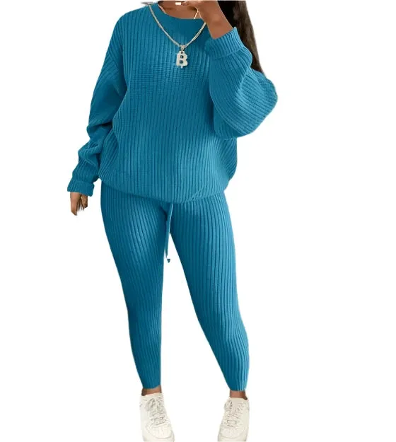 Women's Two-Piece Knit Sweater and Pants Set - Casual Solid Round Neck Pullover, Loose Fit, Autumn/Winter Fashion Outfit