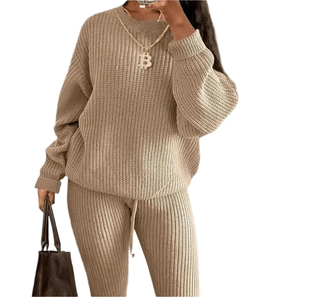 Women's Two-Piece Knit Sweater and Pants Set - Casual Solid Round Neck Pullover, Loose Fit, Autumn/Winter Fashion Outfit