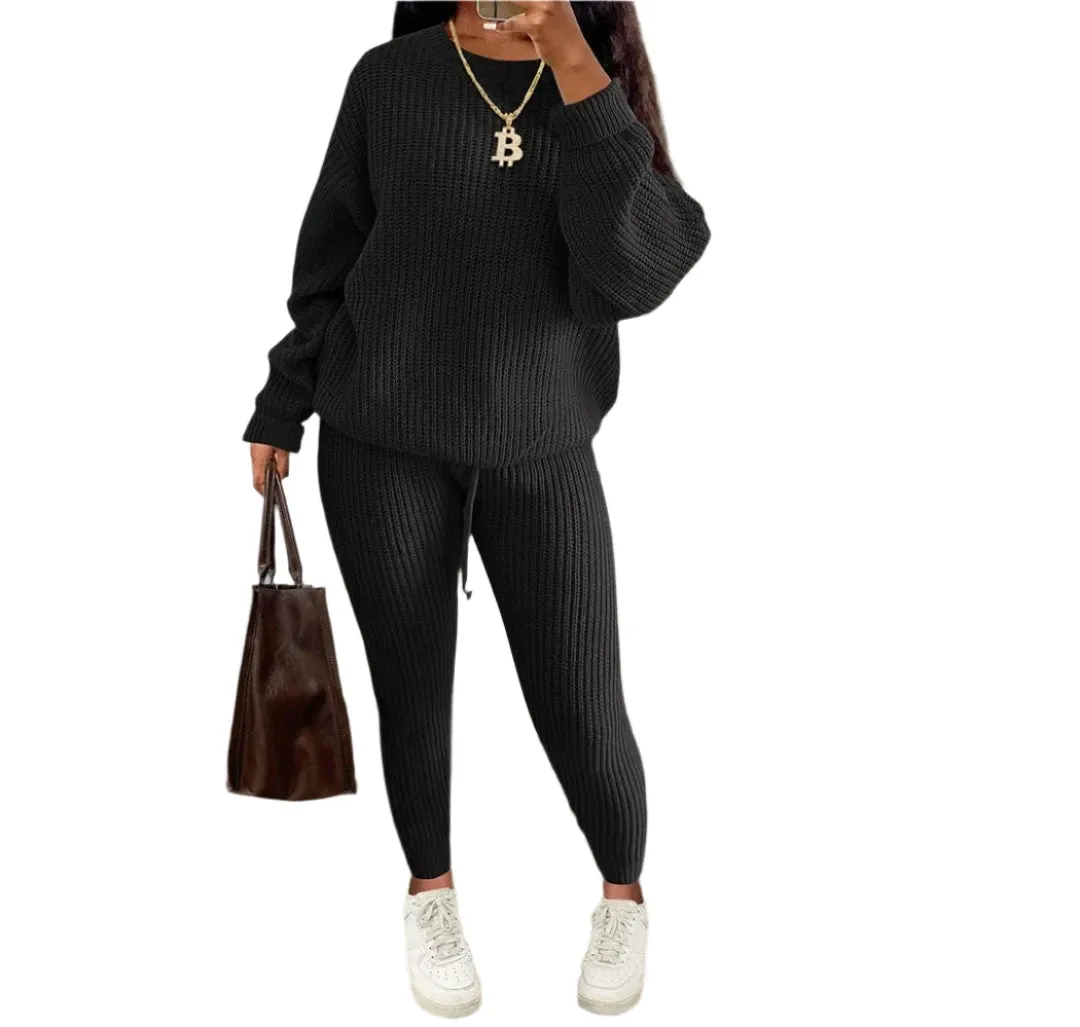 Women's Two-Piece Knit Sweater and Pants Set - Casual Solid Round Neck Pullover, Loose Fit, Autumn/Winter Fashion Outfit