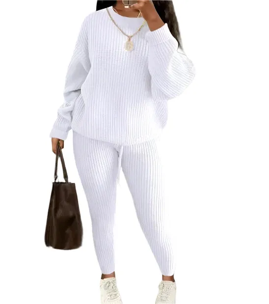 Women's Two-Piece Knit Sweater and Pants Set - Casual Solid Round Neck Pullover, Loose Fit, Autumn/Winter Fashion Outfit