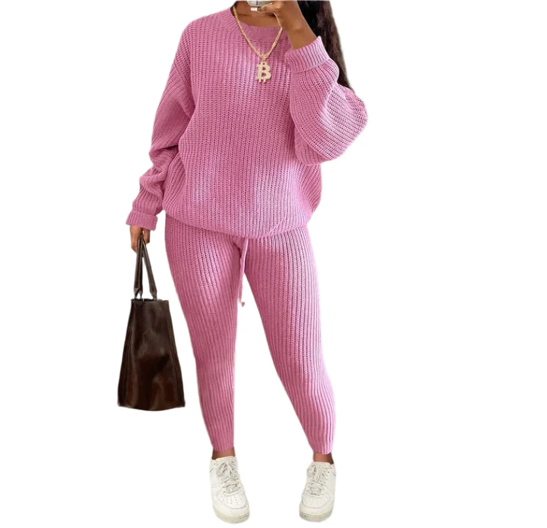 Women's Two-Piece Knit Sweater and Pants Set - Casual Solid Round Neck Pullover, Loose Fit, Autumn/Winter Fashion Outfit