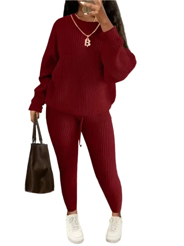 Women's Two-Piece Knit Sweater and Pants Set - Casual Solid Round Neck Pullover, Loose Fit, Autumn/Winter Fashion Outfit