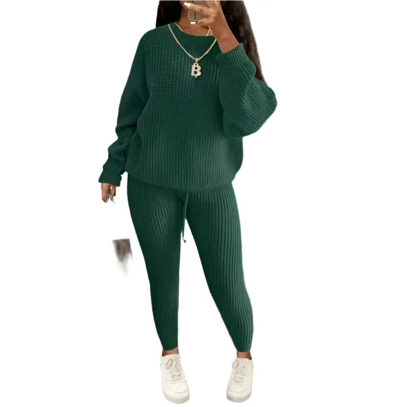 Women's Two-Piece Knit Sweater and Pants Set - Casual Solid Round Neck Pullover, Loose Fit, Autumn/Winter Fashion Outfit