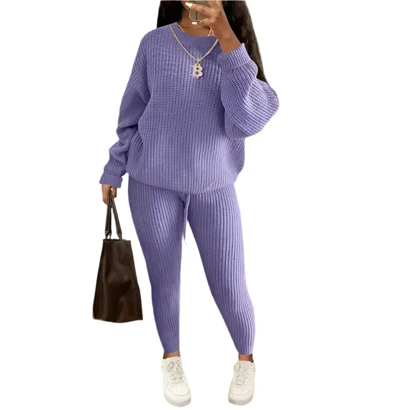 Women's Two-Piece Knit Sweater and Pants Set - Casual Solid Round Neck Pullover, Loose Fit, Autumn/Winter Fashion Outfit