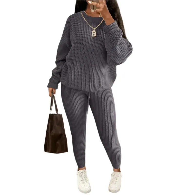 Women's Two-Piece Knit Sweater and Pants Set - Casual Solid Round Neck Pullover, Loose Fit, Autumn/Winter Fashion Outfit