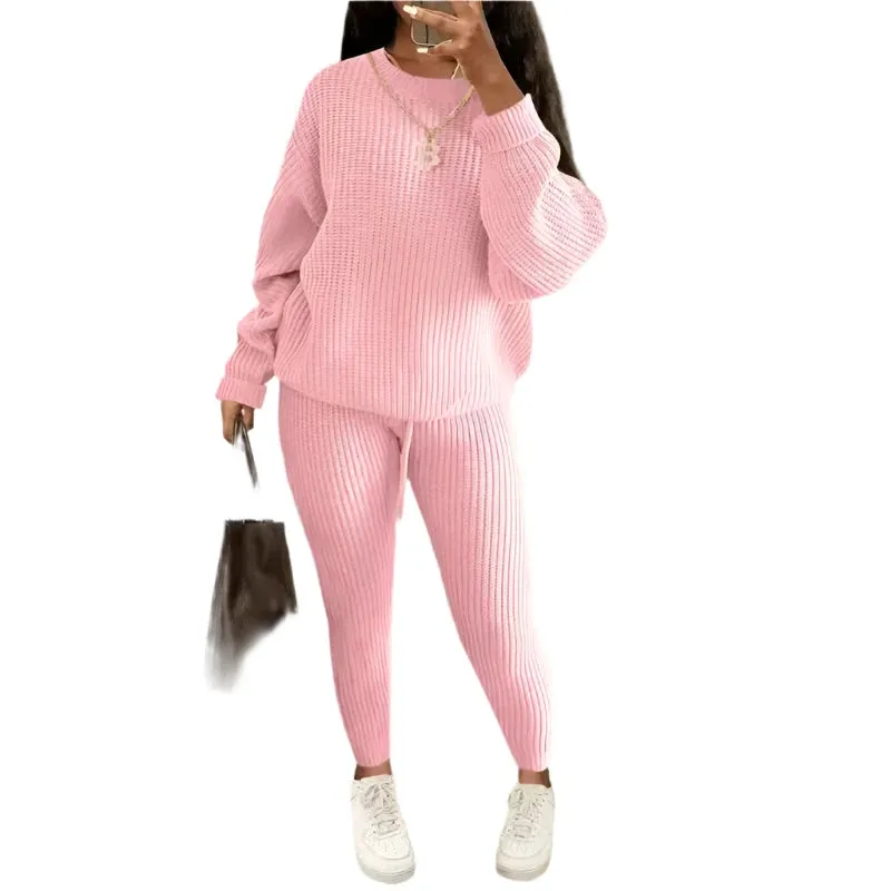 Women's Two-Piece Knit Sweater and Pants Set - Casual Solid Round Neck Pullover, Loose Fit, Autumn/Winter Fashion Outfit