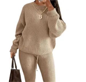 Women's Two-Piece Knit Sweater and Pants Set - Casual Solid Round Neck Pullover, Loose Fit, Autumn/Winter Fashion Outfit