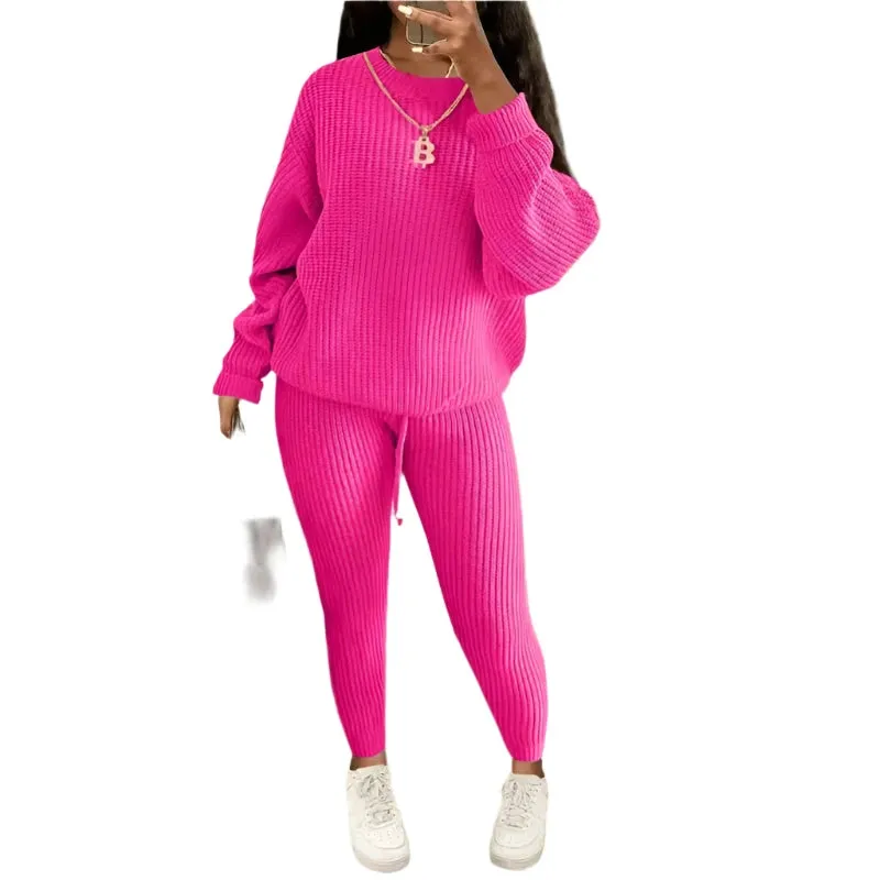 Women's Two-Piece Knit Sweater and Pants Set - Casual Solid Round Neck Pullover, Loose Fit, Autumn/Winter Fashion Outfit