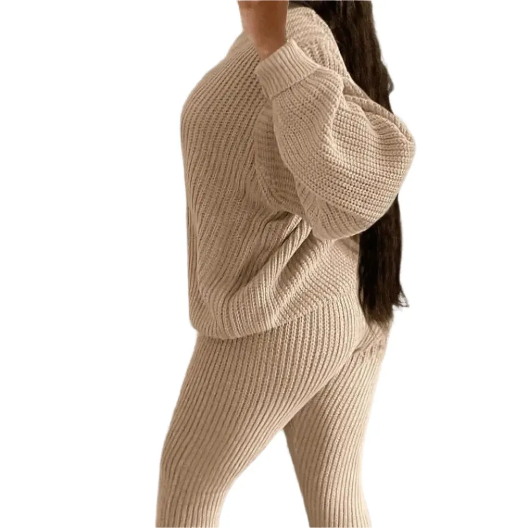 Women's Two-Piece Knit Sweater and Pants Set - Casual Solid Round Neck Pullover, Loose Fit, Autumn/Winter Fashion Outfit